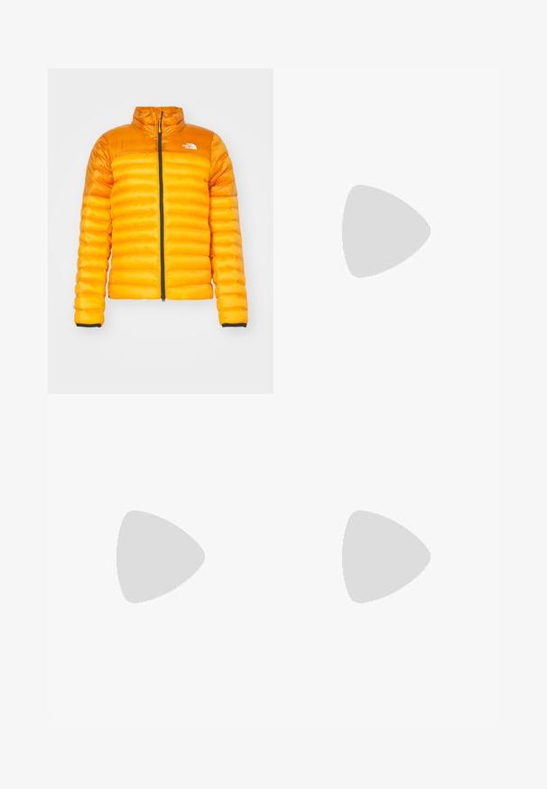 The North Face TERRA PEAK JACKET - Winter jacket - apricot glaze/iron citrus; Black cotton t-shirt featuring a crew neckline and short sleeves. Notable white logo on the upper left side. Smooth texture, casual fit.; Black nylon zip-off cargo trousers with adjustable cuffs, multiple pockets, and a logo on the right leg. Smooth, lightweight texture.; Beige and cream athletic shoe with textured mesh upper, supportive overlays, and rubber outsole featuring a tread pattern for traction.