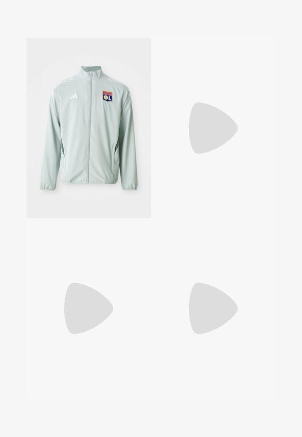 Hellgrüne Sportjacke mit Stehkragen, ausgestattet mit weißen adidas-Streifen und einem Logo von Olympique Lyonnais auf der linken Brust.; Hellgrünes Kurzarmtrikot mit grauen Akzenten, schwarzem Logo und Streifen. Hergestellt aus atmungsaktivem Material, entworfen für Sportbekleidung.; Graue Sporthosen mit einem elastischen Bund, die eine strukturierte Oberfläche und kontrastierende grüne Seitenakzente aufweisen. Enthält ein Logodetail.; Schwarze Sportschuhe mit einem strukturierten Mesh-Obermaterial, weißen Akzentstreifen, einer gepolsterten Sohle und einer verstärkten Ferse für Unterstützung.