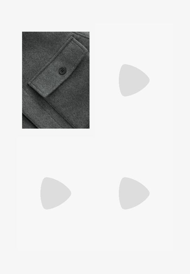 Gray wool coat featuring a textured finish, a rectangular pocket with a black button, and visible stitching details.; Long-sleeve black T-shirt made of cotton, featuring a round neckline, loose fit, and ribbed cuffs. Smooth texture with no visible patterns.; Pier One Chinos - black; Black leather loafer with a smooth finish, featuring a stitched design and a decorative metal chain accent across the vamp. Flat heel.