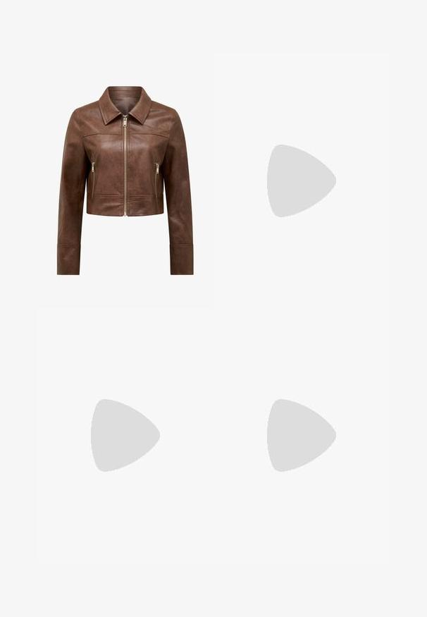 Brown cropped leather jacket with pointed collar, front zipper closure, and two vertical zippered side pockets.; Brown short-sleeve t-shirt made of soft cotton fabric, featuring a round neckline and a simple, fitted silhouette.; Wide-leg trousers in a soft cream fabric, featuring a smooth texture, front pockets, and a relaxed fit with a mid-rise waistband.; Brown suede sneakers with white accents and laces. Rubber gum sole. Worn with white socks featuring black stripes. Green textured flooring.; Tortoiseshell sunglasses with rounded frames, dark lenses, and gold logo detailing on the temples. Smooth plastic material, no visible patterns.