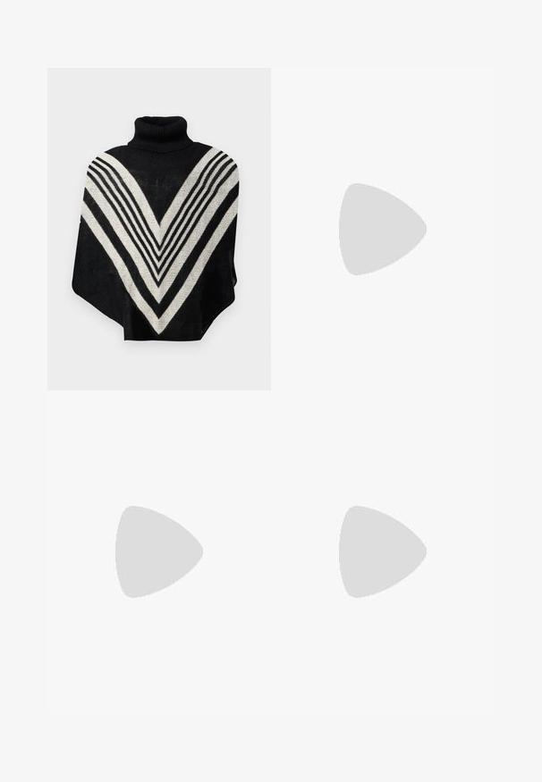 Juodas ir kreminis pončas su aukštu kaklu, kuriame yra V formos raštas ir horizontalių juostų. Minkšta tekstūra ir plazdanti forma.; Baltas be rankovių marškinėlis, pagamintas iš išklotinės medžiagos, su apvaliu iškirpimu ir prigludusia siluetu, minimaliais siūlais ir be dekoracijų.; Plati kojinės džinsai šviesiai mėlynos spalvos. Turi užtrauktuką su mygtuko uždarymu ir švelnų nusidėvėjimo efektą, kad atrodytų dėvėti.; Juodos odinės bateliai su apvaliu nosiu, stora blokine pakulne ir elastingais šonais, derinami su tamsiomis pėdkelnėmis ir juoda sijonu su plyšiu.; Moteris su ilgais tamsiais plaukais, vilkinti juodą kostiumą, nešanti juodą odinę rankinę per petį, žvelgia per petį prieš balto fono.