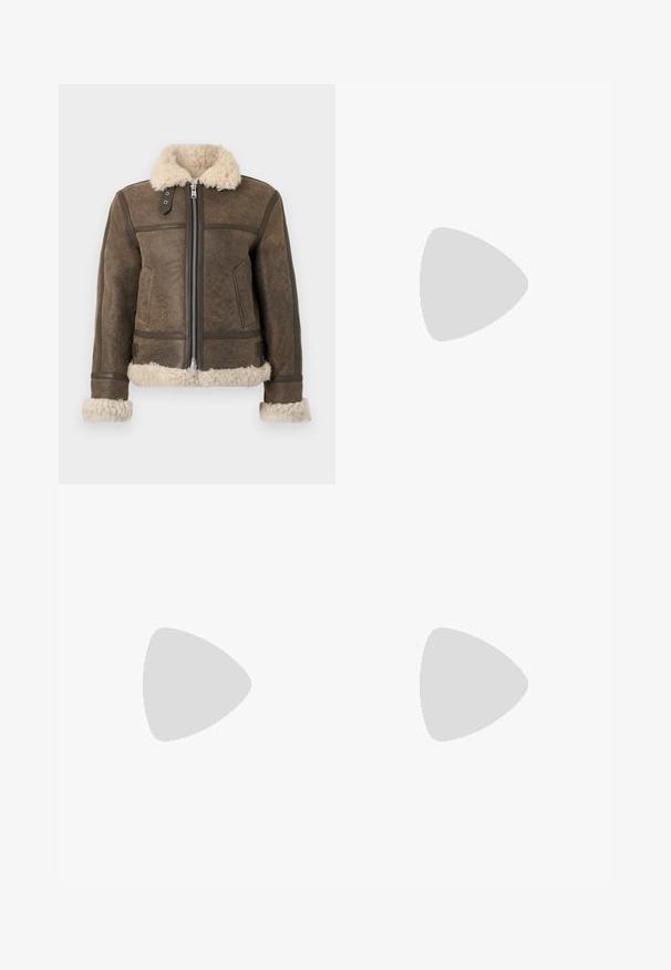 Brown leather jacket with a fluffy cream-colored collar and cuffs, featuring a front zipper and two side pockets. Textured surface detail.; Light pink cropped sweater with ribbed texture, round neckline, and long sleeves. Features a small logo on the chest.; Light blue denim mini skirt featuring a front button closure with silver hardware, two front pockets, and a frayed hemline.; Black leather knee-high boot with a pointed toe and slim curved heel. Smooth texture, fitted design, and no visible hardware or patterns.