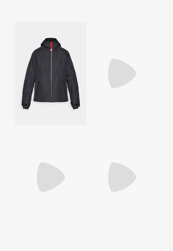 Black insulated jacket with a zip front, a red accent, adjustable hood, and zippered pockets. Features quilted design on the torso.; White cotton t-shirt featuring a black graphic print of "THE NORTH FACE" logo on the front. Short sleeves and crew neckline.; White ski pants made from soft, flexible material. Features a fitted waist, wide flared legs, and black trim at the cuffs. Brand logo visible.; Columbia PEAKFREAK - Hiking shoes - black