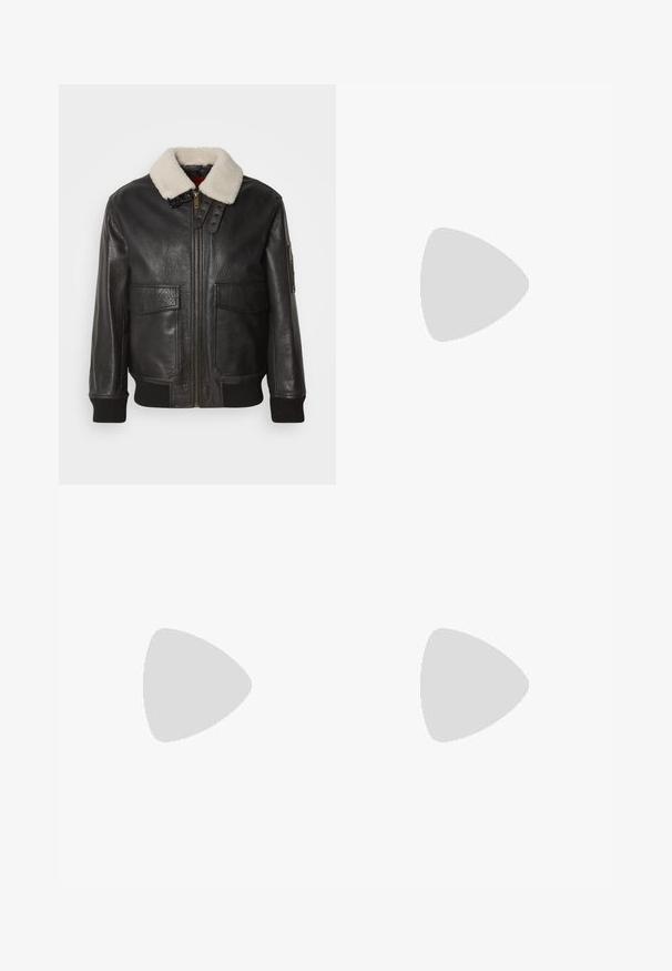 Black leather bomber jacket with a white shearling collar. Features gold zipper, two front pockets, ribbed cuffs, and a structured design.; Two black cotton T-shirts with round necklines, short sleeves, and blue "HUGO" labels on the collars and side hems.; Black trousers with a pleated design, wide leg shape, and a smooth texture. Features a red waistband tag.; Black leather loafers with a textured front panel and smooth sides. Features a slim heel and rear loop for easy wear. Classic design.