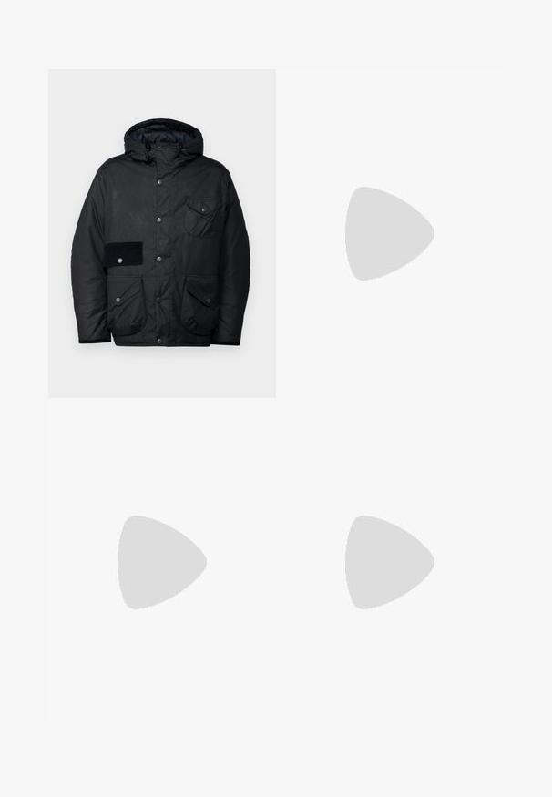 Black padded jacket featuring a hood, snap buttons, multiple pockets, corduroy patch on the left arm, and a smooth inner lining.; BOSS TEE - Basic T-shirt - open white; Cream-colored casual pants with a drawstring waist and straight legs, displayed against a plain white background.; White leather sneaker featuring a textured upper, a round toe, minimalistic design, and a rubber sole with stitched detailing.