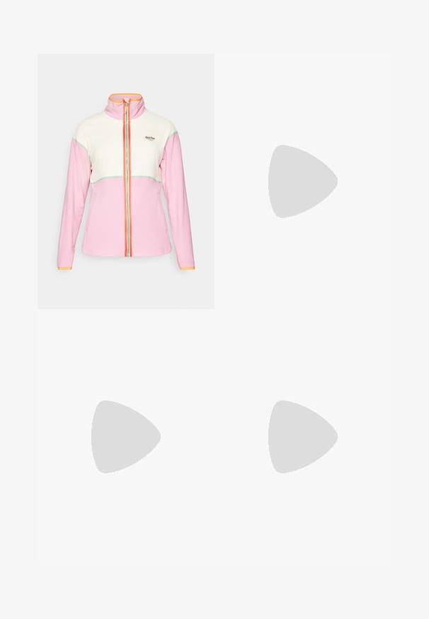 Kari Traa GRACIE MIDLAYER - Fleecejacka - dusty pink; Svart kortärmad t-shirt i bomull, med rund halsringning och en liten vit logotyp på vänster bröst.; Vida byxor i denim med breda ben gjorda av medeltungt blått bomullstyg. Funktioner en klassisk femfickorsdesign och en dragkedja med knappstängning.; Vita lädersneakers med beige mockadetaljer, perforerad tåbox, platta snören och en texturerad krämfärgad sula. Har diskret varumärkning på hälen.