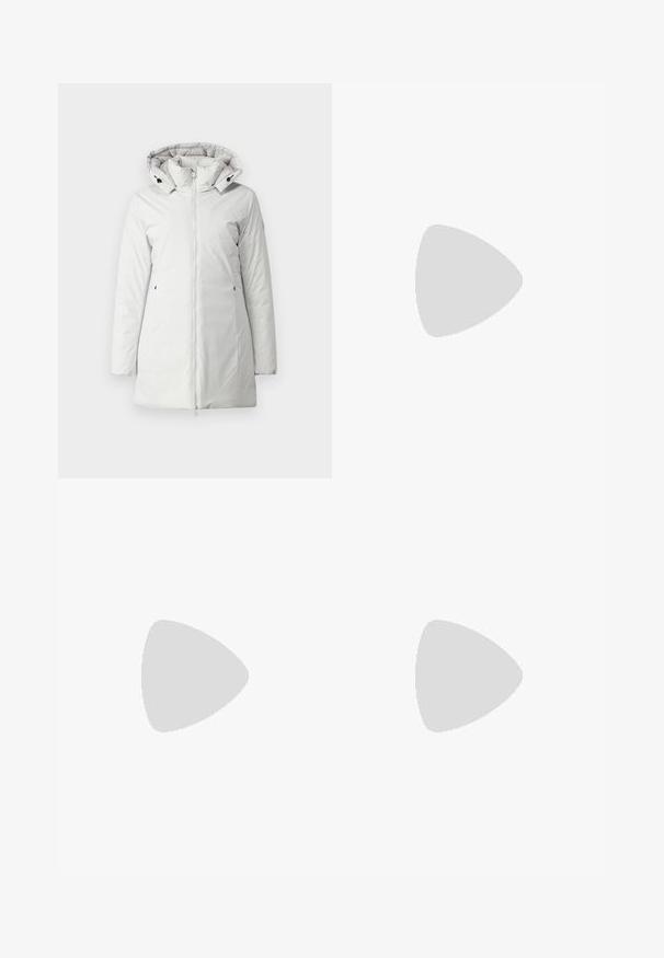 White insulated parka jacket with a zip front, funnel neck, and detachable hood. Features side pockets and smooth, water-resistant fabric.; White cotton T-shirt with short sleeves, crew neckline, and a subtle embossed Calvin Klein logo on the front. Smooth texture, classic fit.; Black denim jeans with a straight leg design. Features include two front pockets, distressed knee accents, and a button closure.; Black leather loafers featuring a gold accent, a rounded toe, and a smooth texture, suspended above a reflective surface with metallic shelving.