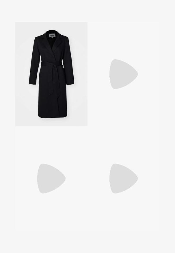 Black long coat with a belted waist, notch lapels, and long sleeves, made from smooth fabric, featuring a single button closure and no patterns.; Three long-sleeve tops stacked: black, grey, and white. Each has a round neckline and a cropped design with smooth, lightweight fabric.; Black flared pants made from stretchy fabric, featuring a high waistband and flared cuffs with side slits for additional movement.; Gray suede sneakers with white laces, black stripes, and a white rubber sole. Features a circular logo on the tongue and a gum sole.