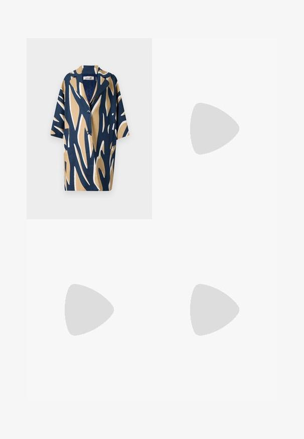 Short-sleeve shirt featuring a bold abstract pattern in navy, beige, and white, with a relaxed fit and a notched collar. Two front pockets.; Navy blue sleeveless top made of smooth, stretchy fabric. Features gathered side detailing and a rounded hem for a fitted look.; Wide-leg trousers in navy, beige, and white graphic pattern. Made from lightweight fabric with a smooth texture and tailored waist.; Black leather ballet flat with a rounded toe, smooth texture, minimal stitching detail, and a flexible sole design.