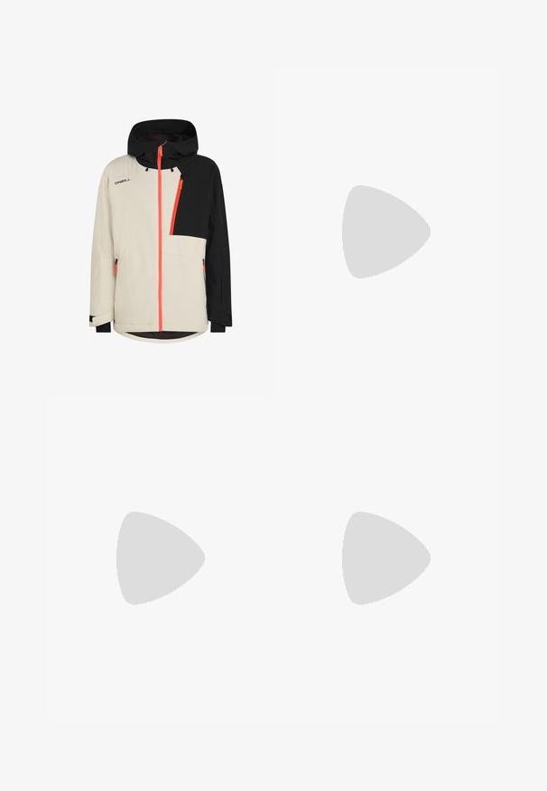 Veste à capuche bicolore beige et noire avec des fermetures éclair orange vif et le logo O'Neill sur la poitrine, poches zippées et poignets réglables.; Trois débardeurs blancs côtelés en coton. Présentent un col rond et de petites étiquettes noires près de l'ourlet. Disponibles en plusieurs tailles.; Pantalon de survêtement gris Nike avec une taille élastique à cordon de serrage, des jambes fuselées, des poches latérales et un détail de couture distinct. Tissu doux et texturé.; Chaussure de sport grise avec une tige en mesh et en daim, accents blancs, semelle rembourrée et un design distinctif avec des éléments réfléchissants.