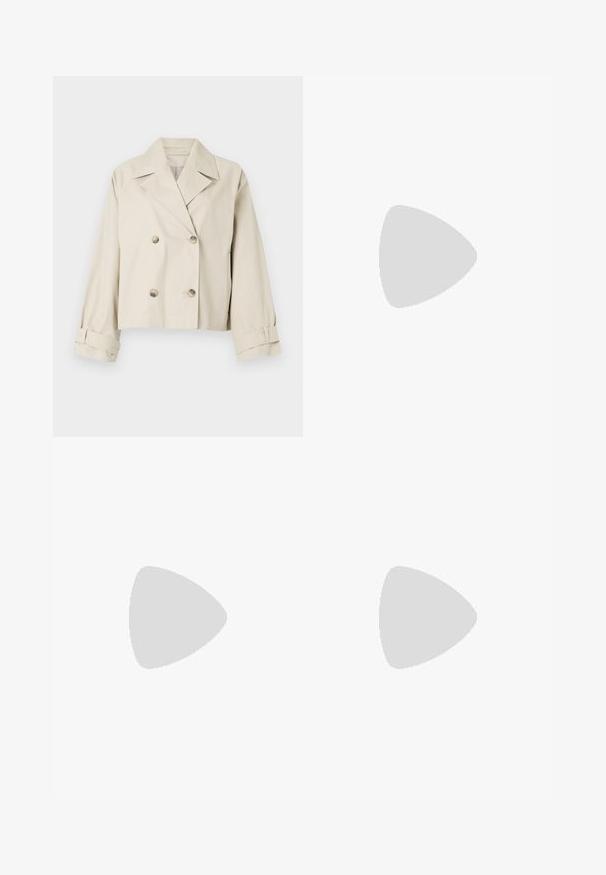 Beige cropped jacket with a double-breasted design, large lapels, and button accents. Features rolled cuffs and a smooth texture.; White cotton t-shirt with short puff sleeves, featuring small silver embellishments along the sleeves. Classic round neckline, relaxed fit.; Wide-leg denim trousers featuring a light to dark blue gradient, high waist, belt loops, and a matching fabric belt. Textured denim finish.; Navy blue sneaker with a textured fabric upper, white platform sole, rounded toe, and black heel accent. Features six eyelets for laces.