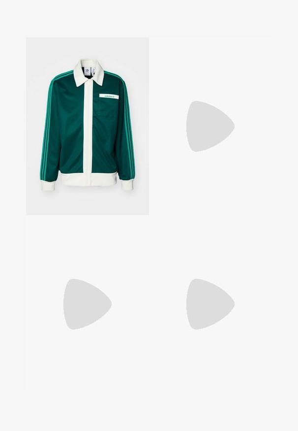 Zöld zipzáras dzseki fehér gallérral és elülső panellel, amelyen három türkiz csík látható mindkét ujján, valamint egy zseb az Adidas logójával.; Három fehér csíkos pamut trikó. Felső része kerek nyakkivágású, és a szegély közelében kis fekete címkék találhatók. Több méretben elérhető.; Fekete sportnadrág rugalmas derékkal, sima anyagból készült, finom oldalvarrással és laza illeszkedéssel, egyenes lábdesignnal.; Fekete sportcipők, velúrból és szintetikus anyagból készült felsőrésszel, három fehér csíkkal, textúrázott gumitalppal és kék logó címkével a nyelvén.