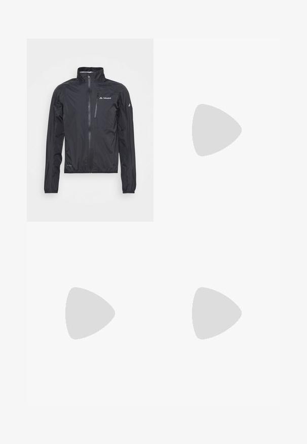 Vaude DROP III - Outdoor jacket - black uni; White long-sleeve T-shirt made of cotton with a crew neck. Features a small black logo on the chest. Smooth texture, regular fit.; The North Face PANT - Tracksuit bottoms - mystic haze/pearl mist; Black outdoor shoes with mesh and synthetic material, featuring a textured upper, secured lacing system, and a rugged outsole, on rocky terrain.