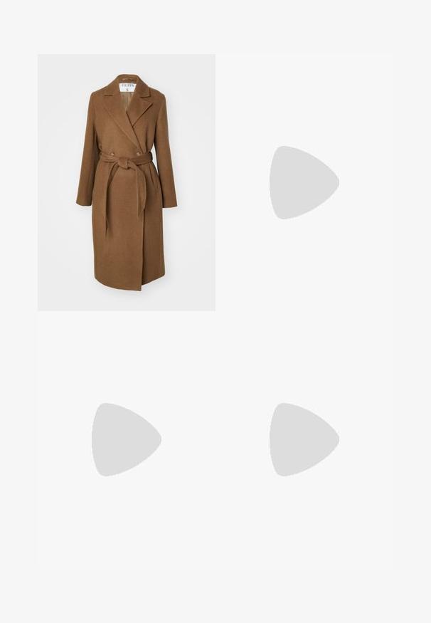 Manteau en mélange de laine marron avec un design croisé, large revers, ceinture à la taille et deux poches latérales. Texture lisse et coupe ajustée.; Pull-over gris foncé à épaules dénudées avec manches longues, col côtelé et tissu en maille texturée. Design court.; Jupe midi noire en tissu doux et extensible. Présente une silhouette droite et une taille élastique pour un ajustement confortable.; Basket en daim rouge avec un design à trois rayures blanches et le texte doré "Gazelle". Comprend une semelle en caoutchouc et un talon texturé.; Écharpe en laine grise avec une texture douce, dotée de bords frangés et d'un design simple. Pliée soigneusement, mettant en valeur sa forme allongée.
