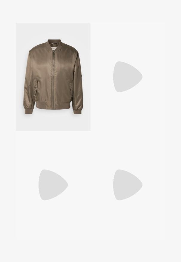 Veste bomber en satin marron avec fermeture éclair à l'avant, poignets côtelés et deux poches latérales, présentant un design classique et une texture lisse.; Chemise à col, à manches courtes, de couleur bleu marine avec des rayures verticales blanches. Dotée d'une fermeture à boutons et d'un motif en tricot texturé.; Pantalon noir ajusté avec une coupe droite, fabriqué en tissu lisse. Comprend des passants de ceinture et un pli au niveau du devant.; Des baskets en cuir blanc avec une finition lisse, un bout rond, des lacets plats et une semelle texturée. Accents en daim gris au niveau du talon.; Lunettes de soleil en plastique transparent avec des verres marron rectangulaires, dotées de branches fines et transparentes ainsi que d'accents en métal sur les tempes.