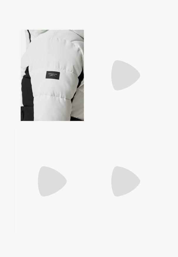 White puffer jacket with a black accent and textured patch featuring "SWEDEMOUNT" logo; quilted design, glossy fabric, and hood attachment.; Black long-sleeve t-shirt made of cotton with a round neck. Features a small white logo on the left chest area. Simple design and fit.; Black nylon zip-off cargo trousers with adjustable cuffs, multiple pockets, and a logo on the right leg. Smooth, lightweight texture.; Beige and cream athletic shoe with textured mesh upper, supportive overlays, and rubber outsole featuring a tread pattern for traction.