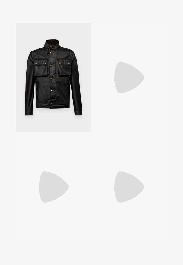Veste en cuir noir avec un col montant, des boutons-pression dorés, deux poches avant et des poches latérales zippées ; présente une texture lisse et un design ajusté.; T-shirt en coton noir à manches courtes et col rond. Présente un patch logo rectangulaire en blanc et doré sur la poitrine, côté gauche.; Pantalon noir ajusté avec une coupe droite, fabriqué en tissu lisse. Comprend des passants de ceinture et un pli au niveau du devant.; Des baskets en cuir blanc avec une finition lisse, un bout rond, des lacets plats et une semelle texturée. Accents en daim gris au niveau du talon.; Lunettes de soleil en plastique transparent avec des verres marron rectangulaires, dotées de branches fines et transparentes ainsi que d'accents en métal sur les tempes.