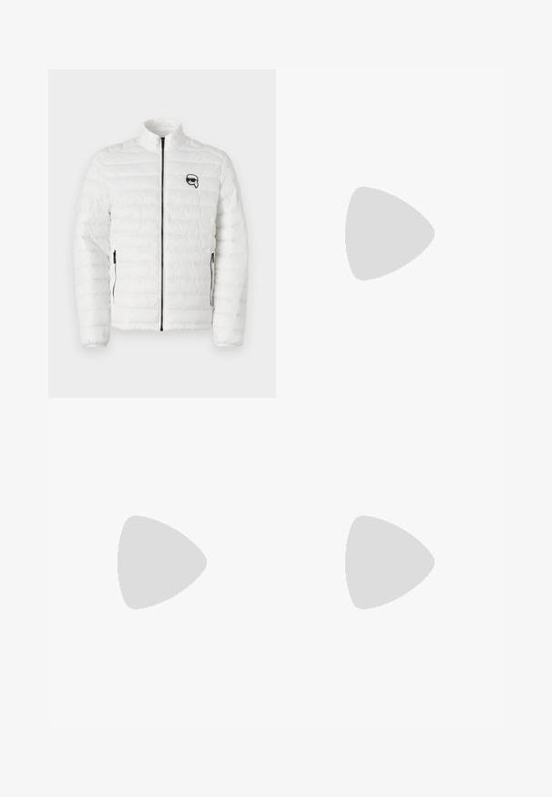 KARL LAGERFELD BLOUSON - Mezisezónní bunda  - white; Černá bavlněná mikina s dlouhými rukávy a kulatým výstřihem. Na hrudi se nachází malé žluté logo orla. Měkká textura.; Černé elegantní kalhoty s rovnýma nohavicema, vyrobené z hladkého materiálu. Obsahují poutka na opasek a detail sklady na přední straně.; Bílé kožené tenisky s hladkým povrchem, zaoblenou špičkou, plochými tkaničkami a texturovanou podrážkou. Šedý semišový detail na patě.