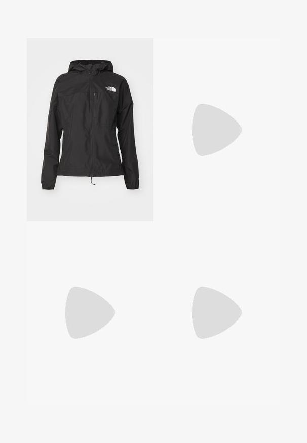The North Face HIGHER RUN WIND JACKET - Sportska jakna - black; Siva kratka majica s kratkim rukavima izrađena od mekog, tkanog materijala koji upija vlagu. Ima okruglu izrez i mali bijeli logo na gornjem lijevom dijelu.; Crne capri tajice izrađene od rastezljivog materijala, s visokim strukom i malim bijelim logotipom s lijeve strane. Glatka tekstura.; Columbia TERRASTRIDE CRZ - Obuća za pješačenje - shark/black