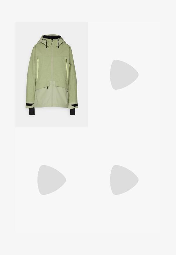 Hellgrüne Jacke mit strukturiertem Finish, ausgestattet mit Kapuze, Reißverschlusstaschen und schwarzen Akzenten an den Bündchen und dem Saum.; Schwarzes Langarm-T-Shirt aus Baumwolle mit Rundhalsausschnitt. Verfügt über ein kleines weißes Logo auf der linken Brustseite. Einfaches Design und Passform.; Schwarze, enganliegende Hosen aus einem flexiblen Material. Zu den Merkmalen gehören eine seitliche Reißverschlusstasche, vorgeformte Knie und eine glatte Textur.; Beige und cremefarbenen Sportschuh mit strukturiertem Mesh-Obermaterial, unterstützenden Überzügen und Gummisohle mit einem Profilmuster für Bodenhaftung.