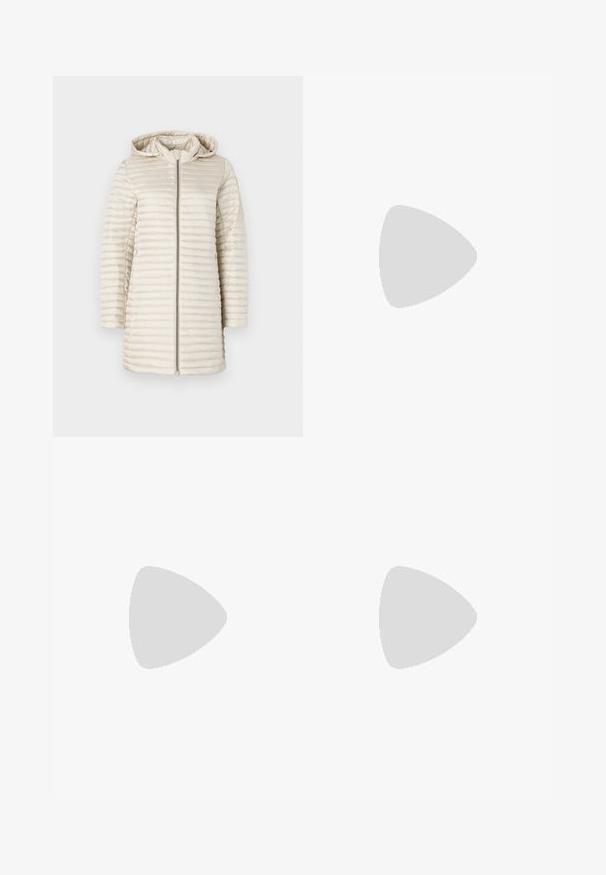 Light beige puffer jacket with a hood, featuring horizontal quilted texture, a full front zipper, and long sleeves. Smooth, glossy fabric.; White cotton T-shirt with a crew neck, short sleeves, and subtle yellow logo design reading "HILFIGER NEW YORK 1985." Standard fit.; Wide-leg white jeans made from cotton blend fabric. Features a zipper fly, five-pocket design, and stitching along the seams.; White leather sneaker with a smooth texture, light blue accent at the heel, gold hardware detail, and raised brand logo on the side.