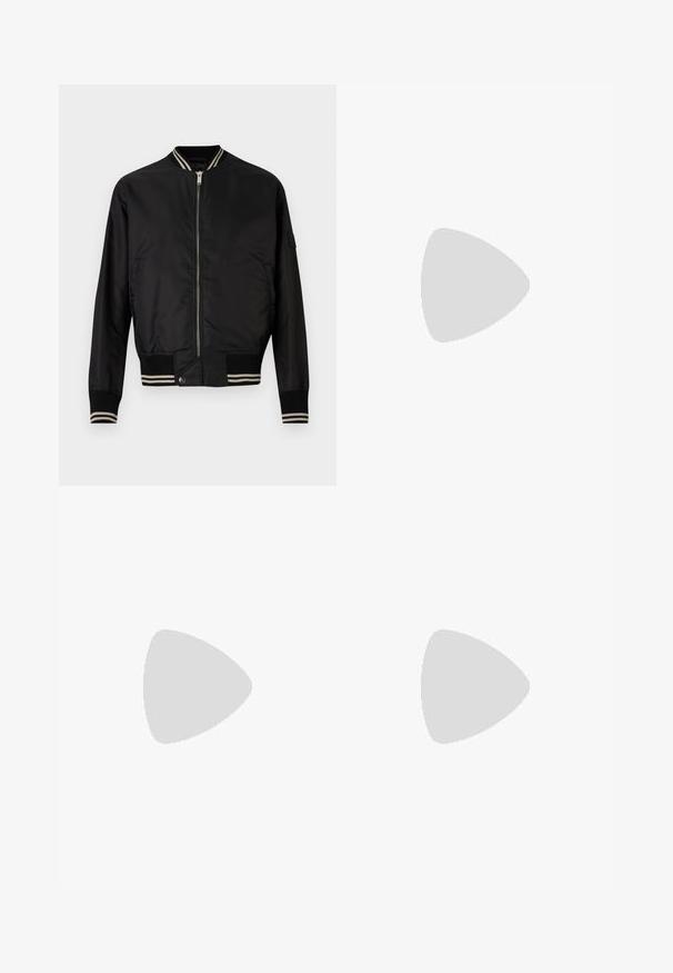 Giacca bomber nera con zip frontale, colletto e polsini a costine, e accenti a righe sui polsini, realizzata in un materiale leggero e liscio.; T-shirt nera a maniche corte in cotone, con scollo rotondo e un piccolo logo vicino all'orlo. Tessuto liscio, vestibilità regolare.; Pantaloni grigi su misura realizzati in tessuto strutturato, con due pieghe frontali e un design a gamba dritta. Nessuna tasca o decorazione visibile.; Mocassino da uomo in pelle nera con tacco basso e design classico a striscia, mostrato in profilo laterale su sfondo bianco.