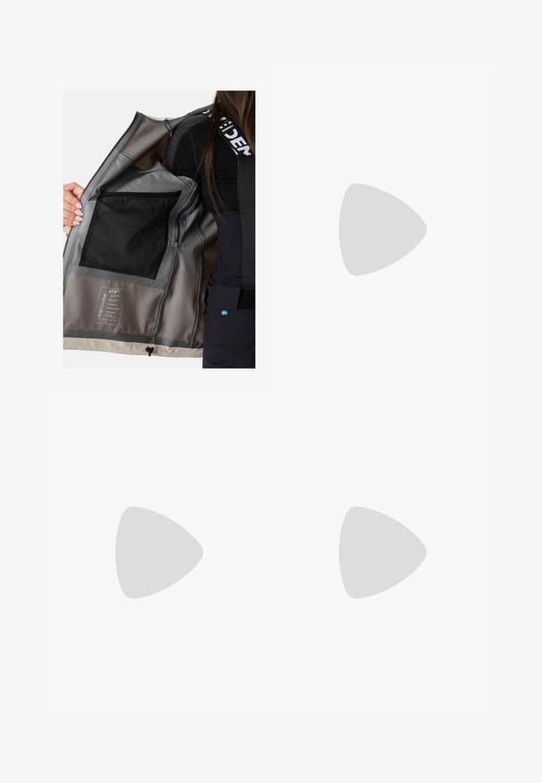 Waterproof jacket interior with gray mesh fabric, multiple pockets, and a label describing features like breathability and windproofing.; Black long-sleeve t-shirt made of cotton with a round neck. Features a small white logo on the left chest area. Simple design and fit.; Black nylon zip-off cargo trousers with adjustable cuffs, multiple pockets, and a logo on the right leg. Smooth, lightweight texture.; Beige and cream athletic shoe with textured mesh upper, supportive overlays, and rubber outsole featuring a tread pattern for traction.