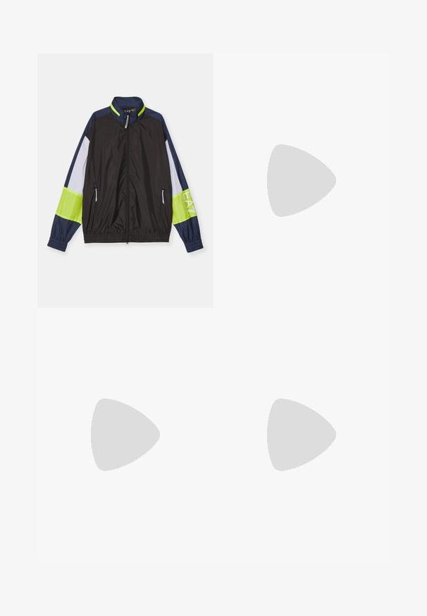 Black lightweight jacket with navy and lime green accents, featuring a zip front, mesh sections, elastic cuffs, and two side pockets.; White cotton t-shirt featuring a round neckline and short sleeves, with a gold EA7 Emporio Armani logo printed on the front.; White sweatpants with an elastic waistband, two side pockets, black zipper accents, and ribbed cuffs at the ankles. Smooth texture.; White leather sneaker with a smooth finish, round toe, flat laces, and a textured sole. Features a subtle logo on the heel.