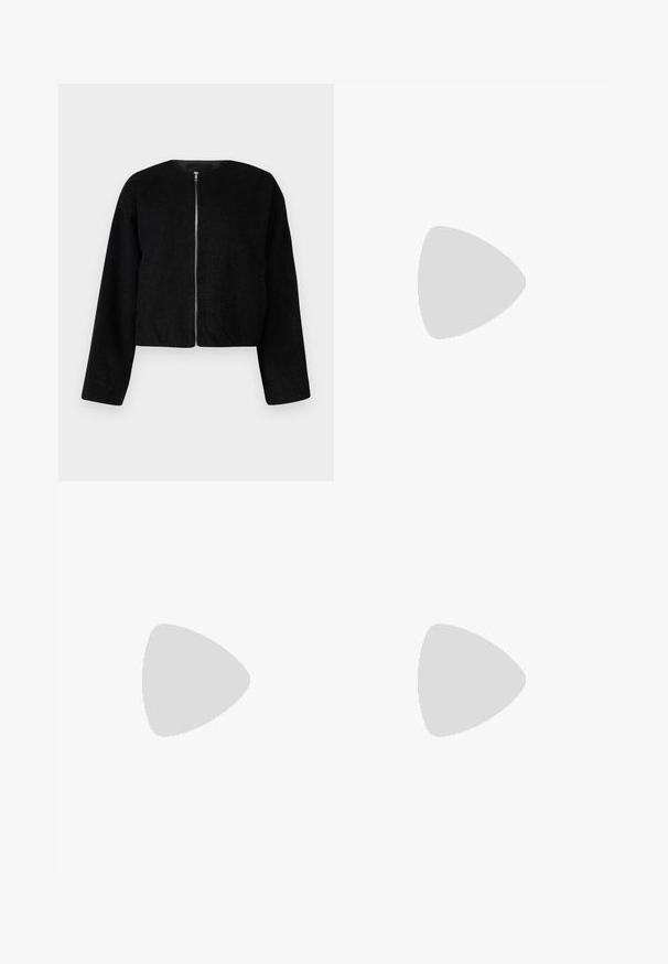 Black cropped jacket made from textured fabric, featuring a round neckline and a full front zipper. Long sleeves with a relaxed fit.; Two long-sleeved shirts: one black and one white. Both feature a crew neck, raglan sleeves, and a soft cotton blend fabric.; Black wide-leg trousers made of soft velvet, featuring an elastic waistband and a smooth texture, with no visible detailing or patterns.; Black ankle boots with a shiny finish, square toe, block heel, and side elastic panel. Paired with black tapered pants.