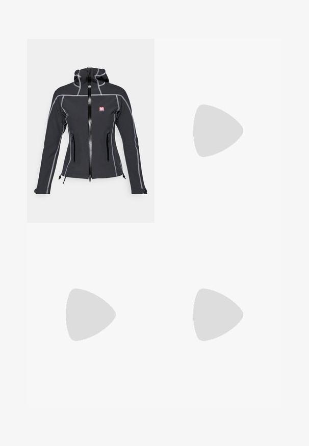 Chaqueta negra con cremallera y capucha, fabricada con un material elástico. Presenta costuras en gris contrastante y dos bolsillos con cremallera en la parte frontal.; Camisa de manga larga gris oscuro con un gráfico de árboles rojos y montañas; logo "COLUMBIA" en texto blanco en negrita. Tela suave, cuello redondo estándar.; Columbia BREA FALLS™ COTTON RIPSTOP PANT - Pantalones montañeros largos - black; Columbia PEAKFREAK - Zapatillas de senderismo - black