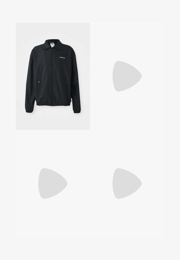 Black zip-up jacket made of lightweight fabric. Features a pointed collar, two side pockets with zippers, and an embroidered logo on the chest.; Three white ribbed tank tops made of cotton. Features a crew neck and small black labels near the hem. Available in multiple sizes.; Black athletic pants with an elastic waistband, made of smooth fabric, featuring subtle side stitching and a relaxed fit, straight leg design.; Black sneakers with a suede and synthetic upper, featuring three white stripes, textured rubber sole, and blue logo tag on the tongue.
