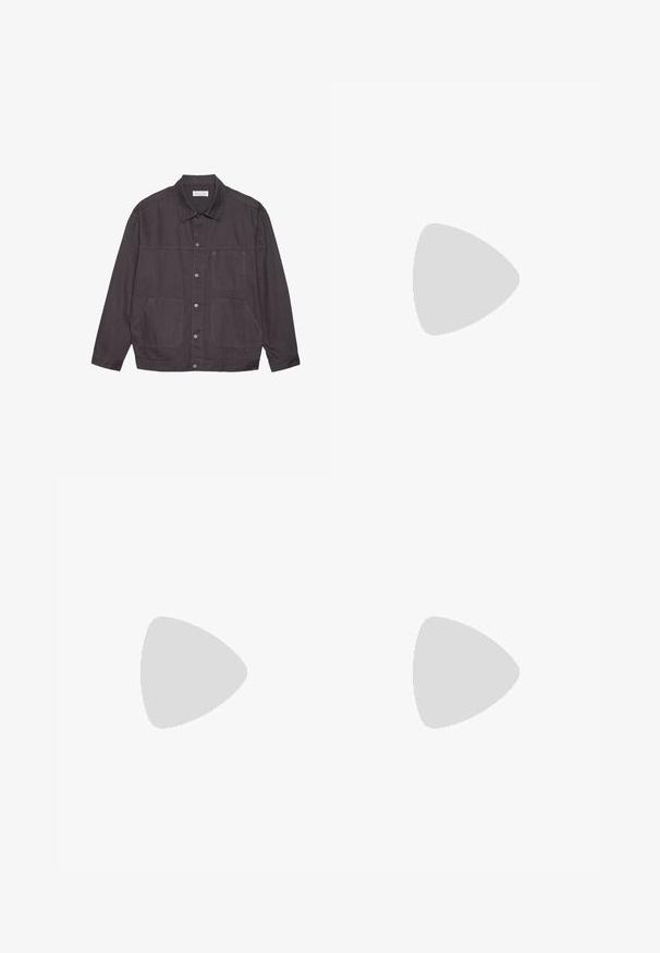 Dark gray jacket with a collared neck, front button closure, and two large pockets. Made of durable fabric, featuring subtle stitching accents.; Two short-sleeve shirts: one solid black, one white with black vertical stripes. Both feature button closures and a classic collar.; Black denim pants featuring a straight-leg cut, five-pocket design, and a front button closure. Smooth texture with minimal stitching details.; Black leather loafers with a rounded toe, featuring a stitched design, low platform sole, and a textured, lugged rubber outsole.