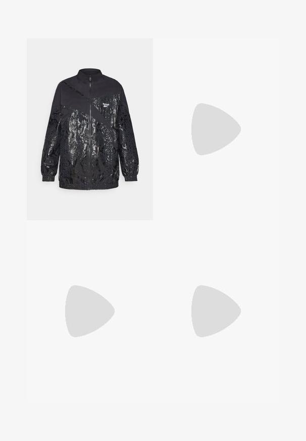 Black jacket with contrasting matte and shiny snake-print patterns, zip closure, high collar, and elastic cuffs. Reebok logo on upper left.; Black sleeveless athletic top made from smooth fabric, featuring a rounded neckline and a fitted silhouette with subtle logo detailing.; Black leggings made of stretch fabric, featuring a high waist, tapered legs, and cuffed hems, with a smooth, matte texture.; Black athletic shoes with textured fabric, white sole, and black laces. Worn with white ribbed socks, standing on a light surface.