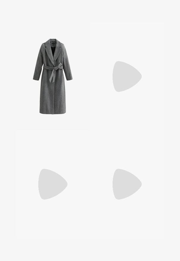 Manteau gris en chevrons avec un design ajusté, des revers en angle, des manches longues et une ceinture assortie à la taille. Tissu texturé.; Pull-over en bleu marine avec un col zippé moitié, des manches longues et un design en tricot texturé. Présente un look propre et minimaliste.; Pantalon bleu marine avec une coupe droite, fabriqué dans un tissu lisse, avec passants de ceinture et fermeture à glissière à l'avant.; Bottines beiges avec un doux bord en fourrure, en matériau imitation daim, bout rond et semelle en caoutchouc léger. Aucun motif ou matériel visible.