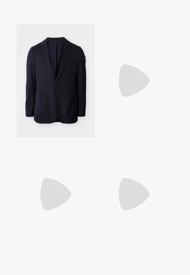 Jūrų laivyno bleiseris su dviem mygtukais priekyje, įpjovomis apykaklėmis, dviem priekinių kišenėmis ir minkšta tekstūra. Tiesus kirpimas be matomų raštų ar akcentų.; Juodas medvilnės marškinėliai su apvaliu iškirpimu, trumpomis rankovėmis ir baltu "BOSS" logotipu, esant centruojamam ant krūtinės. Sklandžiai jaučiasi, patogus siluetas.; Juodos sportinės kelnės, pagamintos iš minkštos medžiagos, su elastinga juosta, raišteliu ir aptemptomis kojomis. Šone yra mažas logotipas.; Juodas bėgimo batelis su struktūrizuota paviršiumi, šviesiai pilkomis akcentais ir trimis horizontaliosiomis rudo atspalvio juostomis. Savyje turi baltą paminkštintą padu.