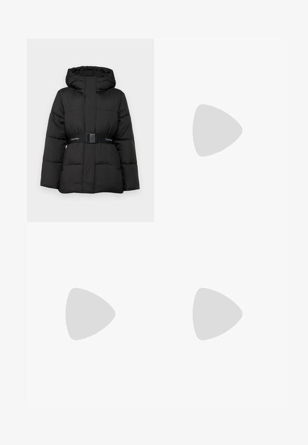 Black puffer jacket with a hood, featuring a belted waist, quilted design, and front pockets. Soft texture and solid color throughout.; Black cotton T-shirt with a crew neckline, short sleeves, and white printed "Calvin Klein" logo and "Established 1968" text.; Light blue denim jeans with a high waist, wide-leg cut, two side pockets, and pleated design feature. Soft texture with a faded finish.; Black leather sneaker with a rounded toe, white platform sole, and black laces. Features a subtle logo on the heel and smooth texture.