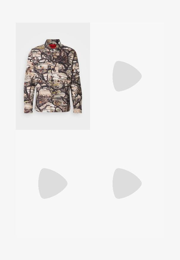 Long-sleeve shirt featuring a camouflage pattern with branches, leaves, and birds. Made of patterned fabric with buttons and two front pockets.; Black turtleneck sweater made of soft material, featuring long sleeves and a snug fit. Ribbed trim at the hem and cuffs. Simple design.; Light gray tailored trousers made of textured fabric, featuring a single back pocket and clean stitching.; Black leather lace-up shoe with a rounded toe, smooth texture, minimal stitching, and a low rubber heel. Logo on the heel.