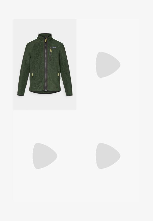 Dark green fleece jacket with full front and chest zipper, side zip pockets, and a small brand logo on the left chest.; Gray short-sleeve t-shirt made of soft, textured fabric featuring a small blue Patagonia logo on the left chest. No additional patterns.; Dark gray trousers made of durable fabric, featuring a zippered pocket, straight cut, and belt loops for adjustable fit.; Brown waterproof sneakers with a textured upper, perforated accents, black heel support, and a grey rubber sole. Laces are styled with metallic ends.