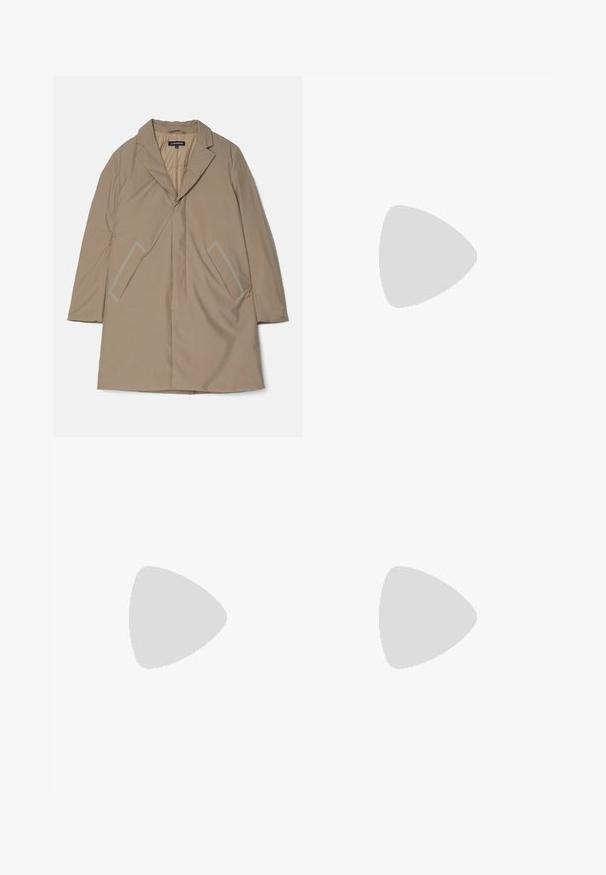Beige, mid-length outerwear coat with a collar, slanted front opening, and two side pockets. Made from smooth, lightweight fabric.; Black short-sleeve oversized T-shirt with round neckline and visible Filippa K brand label inside the collar.; Navy blue trousers with a straight leg design, made from textured fabric. Features a front button closure and adjustable drawstring waist.; Black suede sneaker with a white rubber sole, featuring tonal stitching and lace-up design. Smooth texture with a modern, streamlined shape.