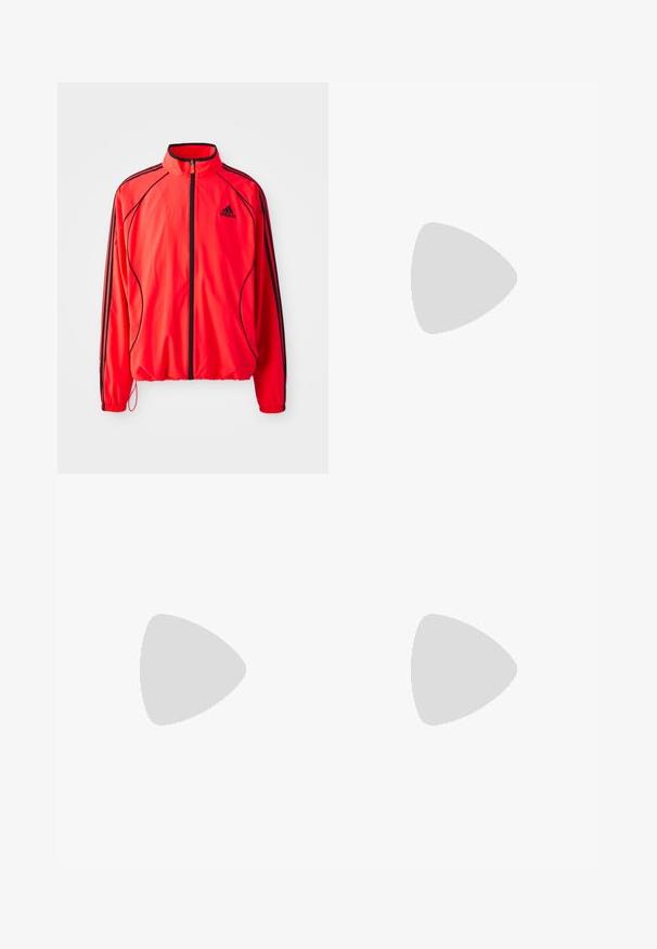 Red athletic jacket with a high collar, full zipper, black accents, and side pockets. Features elasticized cuffs and a lightweight design.; White cotton T-shirt featuring a black Adidas logo at the center. Short sleeves and a crew neck design. Smooth texture.; Black athletic pants with an elastic waistband, featuring white side stripes and a small logo. Material appears soft and lightweight.; Black suede sneaker with yellow accents, featuring three stripes and a brown rubber sole. Includes a padded tongue for comfort.