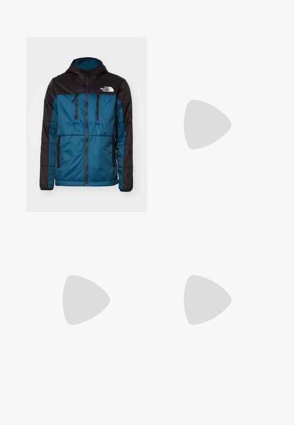 The North Face LIMBARA LIGHT SYNTH HOODIE - Lengva striukė - midnight petrol; Penki ilgomis rankovėmis marškiniai išdėstyti eilėje: turkio, juodos, baltos, tamsiai pilkos ir tamsiai mėlynos spalvų. Minkšta medžiaga su apvalia apykakle ir standartiniu gaminiu.; Juodos, medvilninės platėjančios kelnės su tradicine juosmeniu, vienu priekyje esantį mygtuką ir kišenėmis šonuose ir gale. Lygus paviršius.; Juodi sportiniai bateliai, pagaminti iš zomšos ir odos, su mėlynu logotipu ir rudu gumuotu padu. Derinami su pilkais kojiniais ir kordūroje pagamintomis kelnėmis.