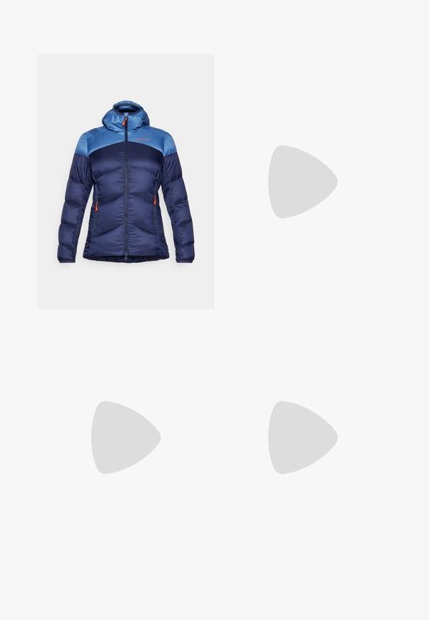 La Sportiva NATURE  - Down jacket - deep sea/moonlight; Grey short-sleeve t-shirt made of soft, moisture-wicking fabric. Features a crew neck and a small white logo on the upper left.; Black, fitted pants made from a flexible material. Features include a zippered side pocket, articulated knees, and a smooth texture.; Black hiking boot with a mid-top design, featuring a textured upper, gray accents, and durable rubber sole with traction lugs.