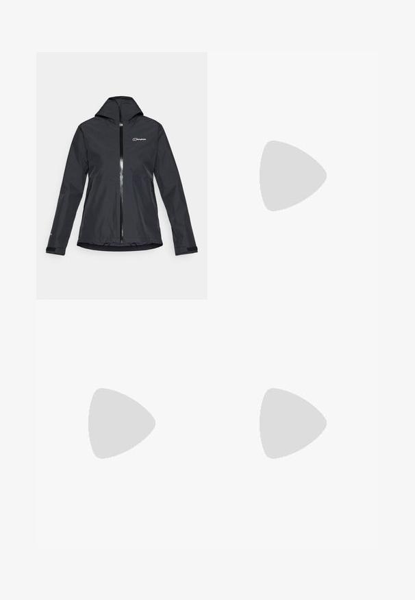 Black waterproof jacket with a zip front, attached hood, and adjustable cuffs. Features a logo on the upper left side and two side pockets.; Grey short-sleeve t-shirt made of soft, moisture-wicking fabric. Features a crew neck and a small white logo on the upper left.; Black running shorts with a textured fabric, elastic waistband, and side pockets; features a small logo on the front.; Black hiking boot with a mid-top design, featuring a textured upper, gray accents, and durable rubber sole with traction lugs.