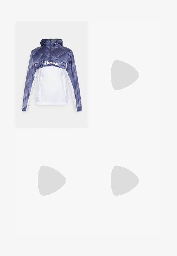Blå og hvid vindjakke med hætte, der har geometriske mønstre og en frontlynlås. Inkluderer elastisk kant og manchetter.; Hvid crewneck t-shirt lavet af bomuld, med korte ærmer og et lille logo broderet på venstre brystområde. Blød tekstur.; Grå træningsbukser med elastisk talje, tætsiddende design, reflekterende detaljer og et lille gult logo på venstre lår.; Hvide atletiske sneakers med en glat syntetisk overdel, sort logoaccent og perforerede detaljer på siden. Gummisål.
