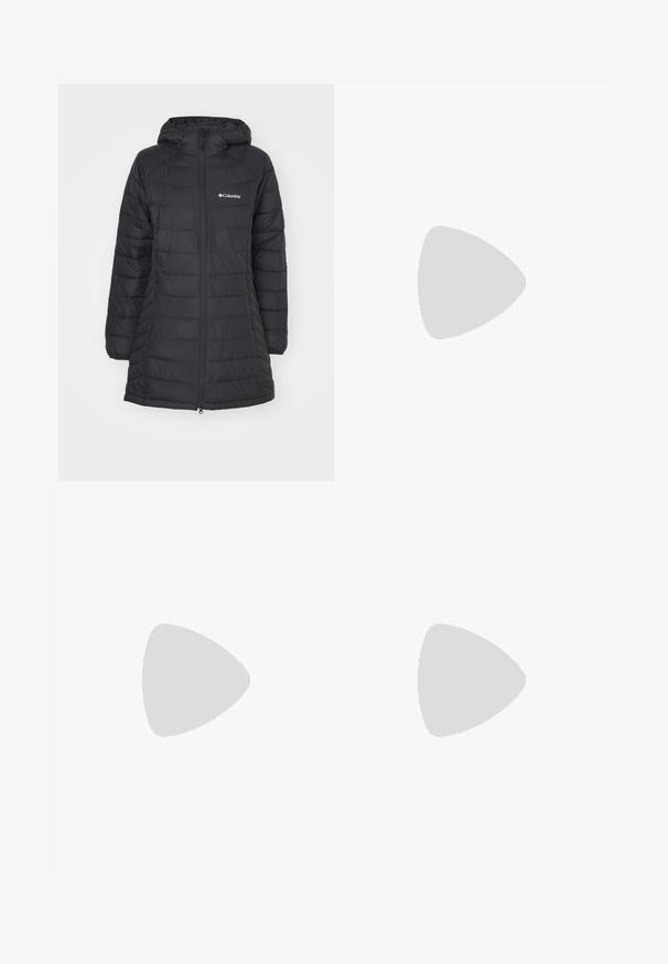 Crna puf jakna s kapuljačom, s kvadratnim uzorkom, potpuni zip zatvarač i logo na lijevoj strani prsnog koša. Duži rukavi i bočne džepove.; The North Face SHADOW LONG SLEEVE - Top dugih rukava - white dune; Bijele snježne hlače modernog dizajna, s dva prednja džepa, ojačanim crnim donjim panelima te kopčanjem na gumbu u struku.; Columbia PEAKFREAK - Obuća za pješačenje - black