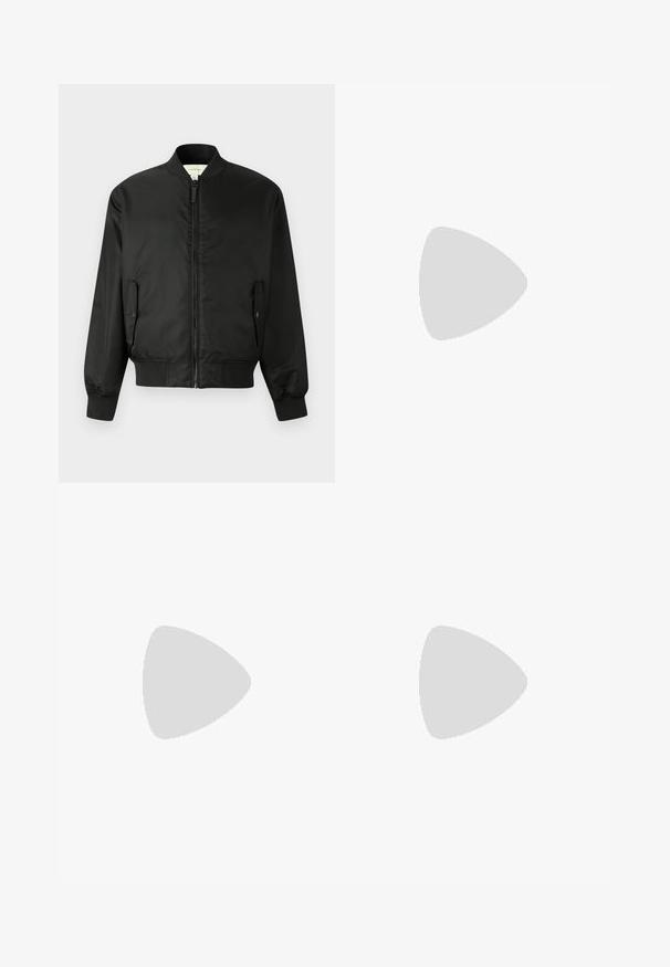 Veste bomber noire en nylon lisse avec fermeture éclair à l'avant, poignets et ourlet côtelés, et poches latérales avec fermetures à rabat.; Chemise en coton blanc à manches longues avec un col rond, fentes latérales en bas et une texture lisse, présentée de dos.; Jeans en denim bleu clair avec une coupe droite, cinq poches, fermeture à bouton, peu d'usure et des détails de couture contrastés.; Sneaker blanche avec une tige en cuir lisse et un profil bas. Présente un bout arrondi, six œillets et une semelle en caoutchouc texturé.