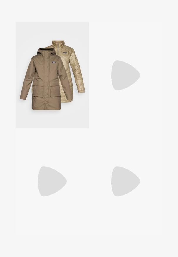 Duas jaquetas: uma parka impermeável castanha com capuz e grandes bolsos frontais, sobreposta a uma jaqueta puffer acolchoada bege com colarinho levantado.; T-shirt preto de mangas longas, feito de algodão, com decote redondo. Apresenta um pequeno logótipo branco na área esquerda do peito. Design simples e ajuste confortável.; Calças cargo pretas em nylon com fechos de correr removíveis, punhos ajustáveis, múltiplos bolsos e um logótipo na perna direita. Textura suave e leve.; Shoe de caminhada leve em verde, com materiais em malha e borracha, sola de tração preta, realces em rosa e laranja, e biqueira reforçada.