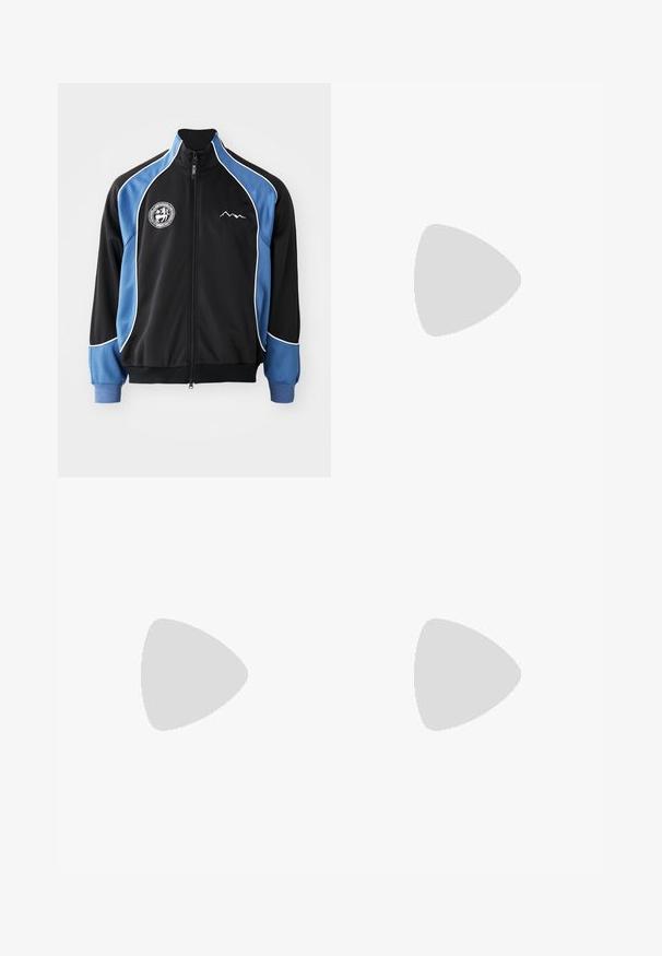 Melna un zila sporta jaka, ar ieeju priekšpusi, kontrastējošām baltajām apmalēm, logo uz krūtīm, ribota aproces, gluda sintētiska faktūra.; Divi balti bezmugurkaļu krekli, ribotā tekstūrā, ar zilo un zaļo izšūto logotipu. Viens ar saules motīvu, otrs ar palmas motīvu.; adidas Performance ADIZERO A M - Sporta šorti - black; Brūni zamšveida apavi ar apaļu purngalu un zemu papēdi, ar detalizētu šuvju apdari un aizsietu priekšpusi. Mīksta tekstūra un vienkāršs dizains.