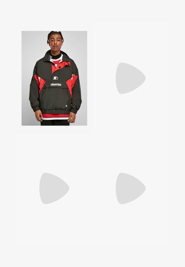 Črna in rdeča jakna na zadrgo s elastičnimi manžetami in logotipom "STARTER". Teksturna tkanina z dvobarvno zasnovo.; Siv dresni t-shirt iz mešanice bombaža s črnim Nike logotipom; na stranskem robu je majhna oznaka Nike; preprost dizajn, kratke rokave.; Bežne cargo hlače iz lahkega bombažnega materiala. Imajo elastične manšete, več stranskih žepov in gumbasto zapiranje.; Bela usnjena športna obutev s perforacijami, okroglo konico, ravnim podplatom in debelimi vezalkami, z vidnim logotipom smoosh in napisom "AIR" na peti.