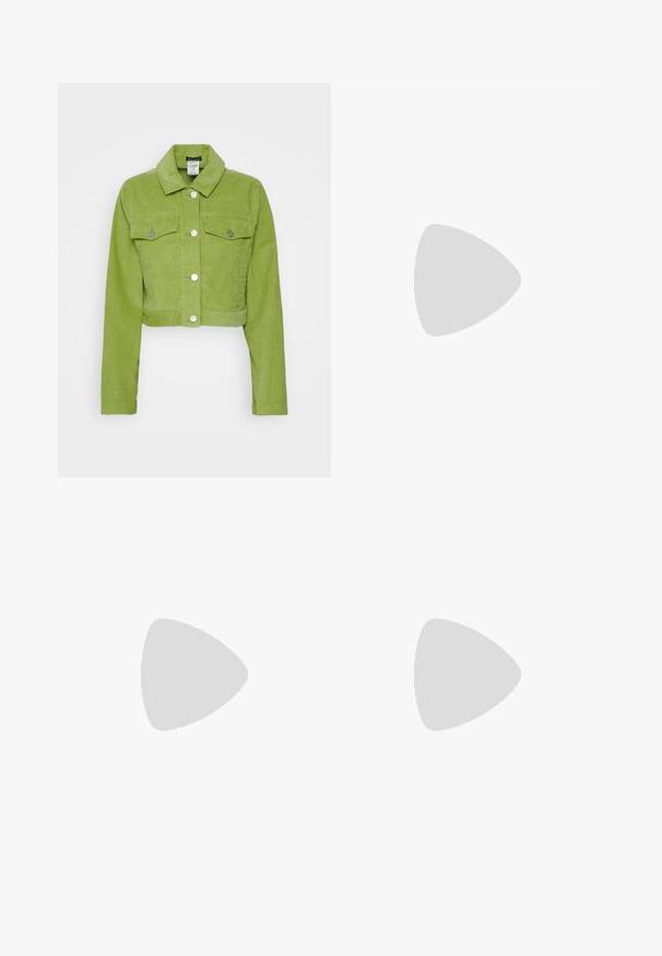 Cropped corduroy jacket in bright green, featuring a collared neckline, two front pockets, and silver button fastenings. Smooth texture.; Black T-shirt made of cotton with short sleeves. Features a white spider web graphic and logo on the front. Simple rounded neckline.; Black wide-leg cargo pants made of denim, featuring a high waist, front button closure, and side pockets. Smooth texture with minimal stitching.; White Nike sneakers with red accents, paired with black pants featuring a floral pattern. Texture is smooth with a flat braid sole.